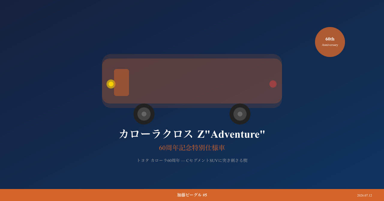 【加藤ビーグル #5】トヨタ カローラクロス Z Adventure — 60周年記念の楔、CセグメントSUVに突き刺さる